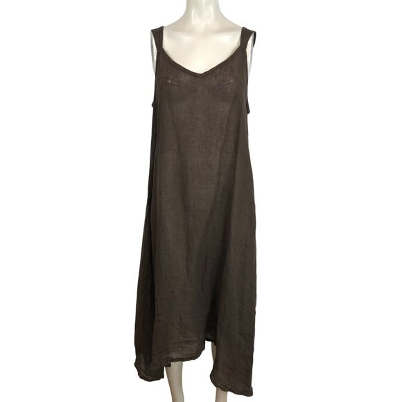 NEESH BY D.A.R. Dresses & Skirts - NEESH BY D.A.R. - WOMEN'S LARGE - BROWN SLEEVELESS V NECK 100% LINEN MIDI DRESS